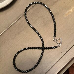 *SOLD* Hematite 4mm bead necklace sterling silver triangle carabiner 18”